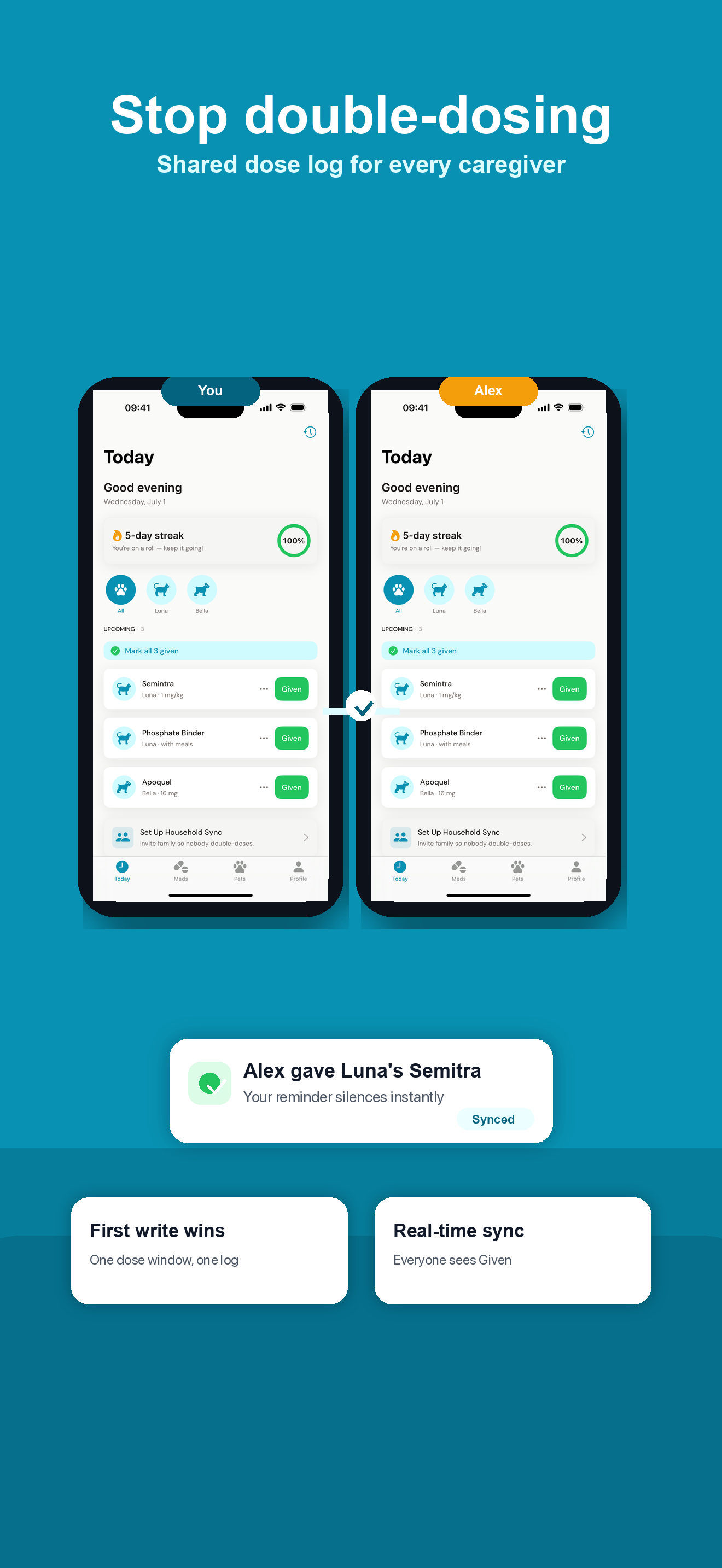Nuzzy pet medication tracker household sync screen showing shared dose reminders for dog and cat