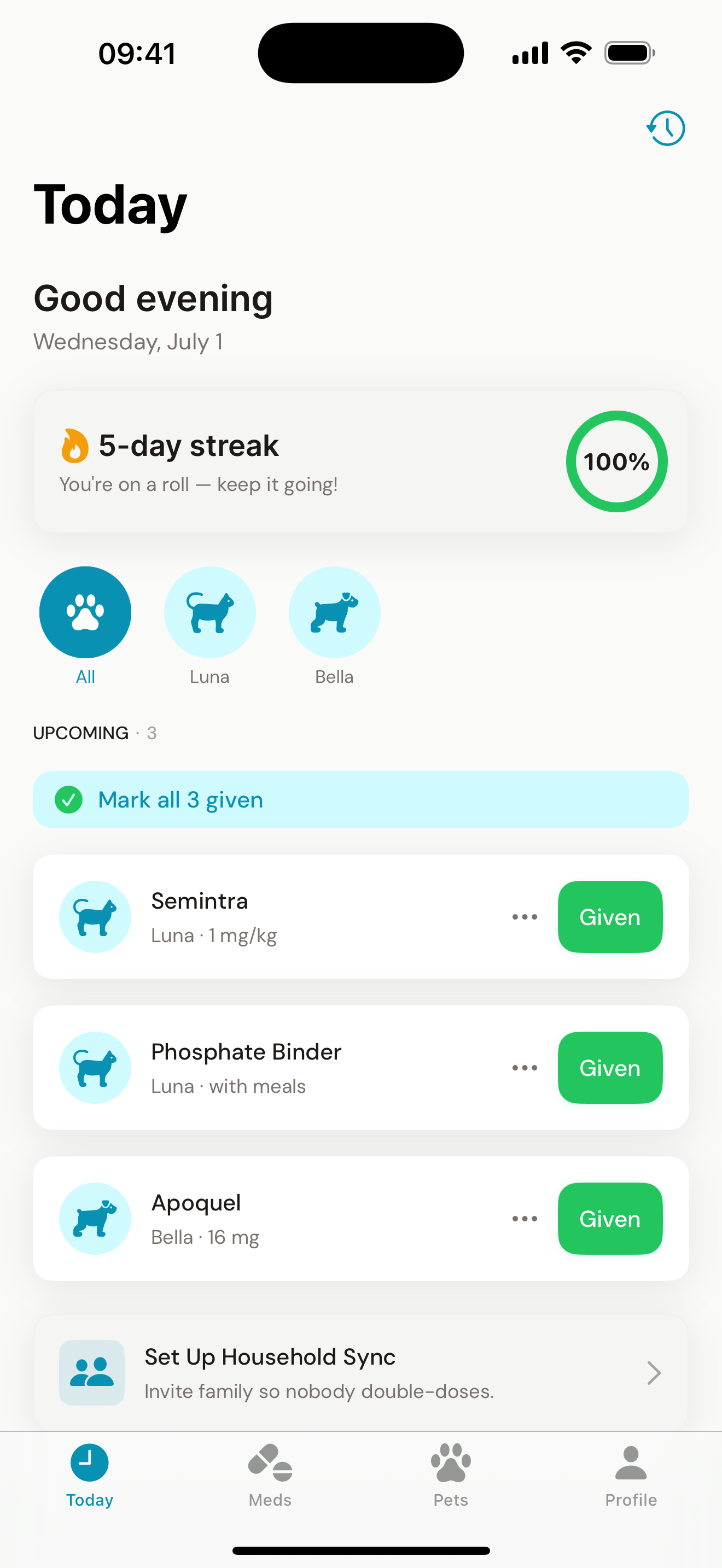 Nuzzy today view showing daily pet medication schedule and dose reminders