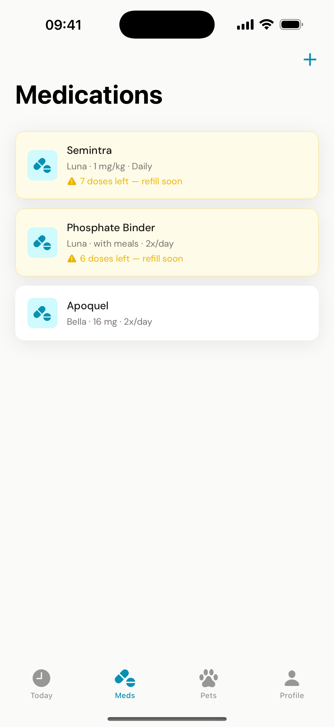 Nuzzy medication list screen for tracking dog and cat prescriptions
